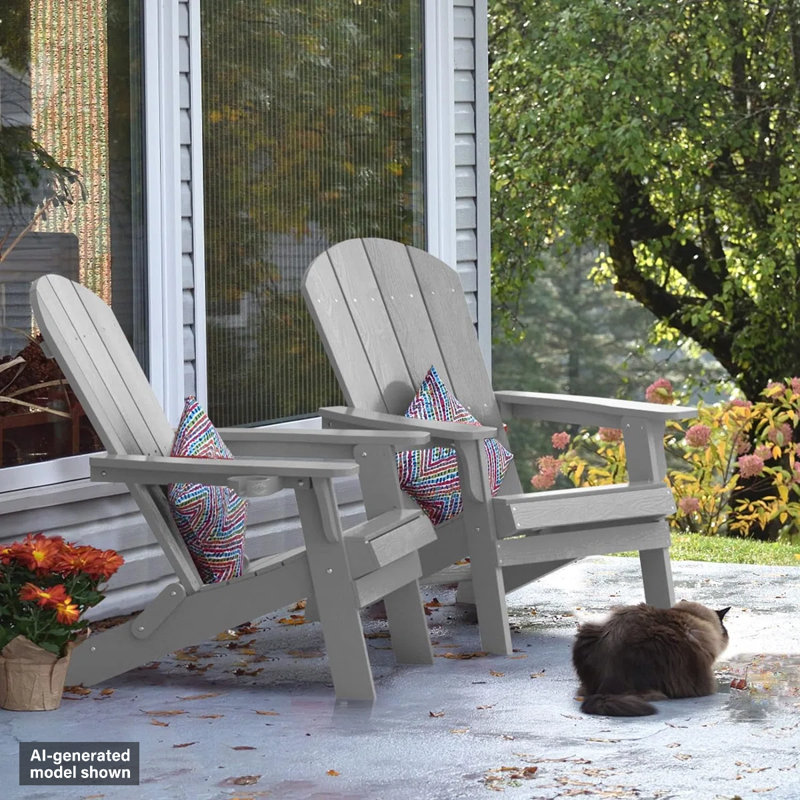 Patio Folding Adirondack Chairs set of 2, Outdoor All Weather HIPS Foldable Adirondack Chair with Cup Holder, Gray