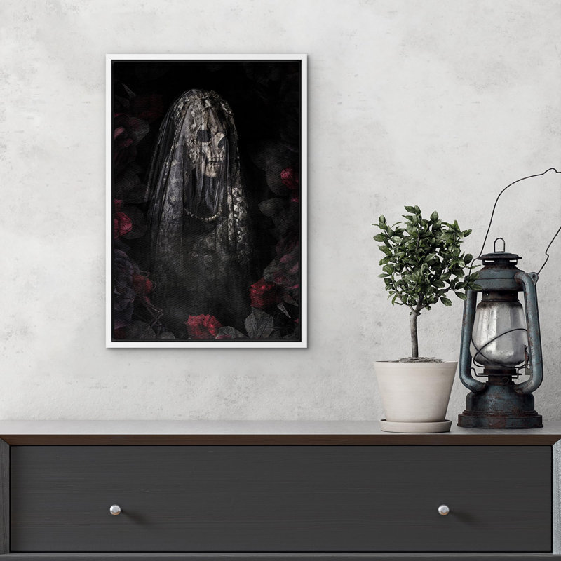 Mystérieux squelette voilé Moody foncé, œuvre d'art moderne, décor, H 36 po x l 24 po, Cadre flottant blanc
