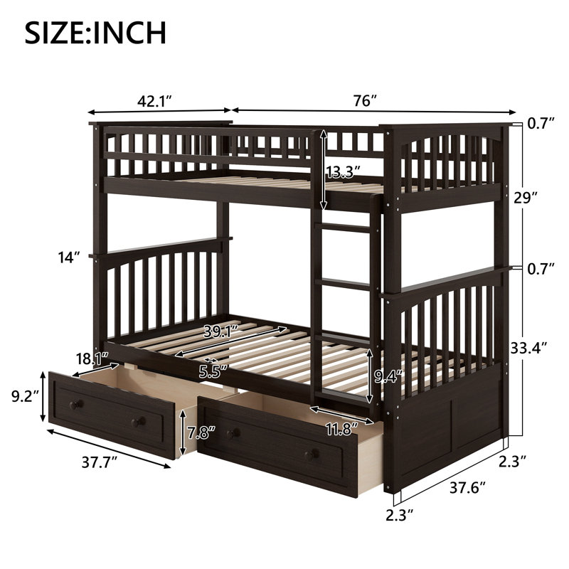 Bunk Bed With Drawers, Twin Over Twin, Brown