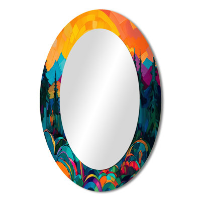Haashir Vibrant Sunset Shining Over Mountains II - Mountains Decorative Mirror, Orange Wall Mirror, Printed Metal Art