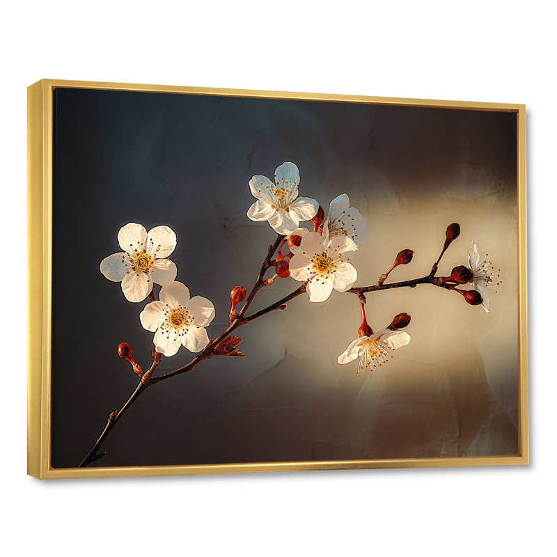 Cherry Blossom Charm en monochrome sur toile, Cadre flottant doré, H 24 po x l 32 po x P 1 po