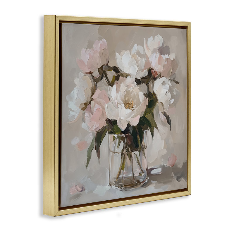 Pivoines roses dans un cadre flottant dans un vase transparent, design par Gina Kelly, H 18 po x l 18 po