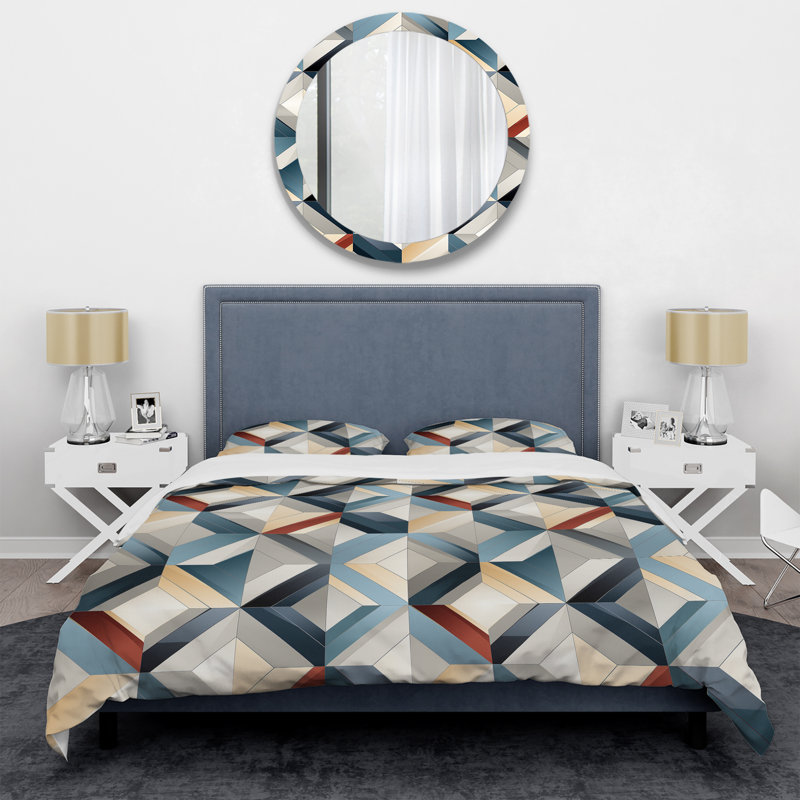 Natural Tones Grey And Beige Mosaic Geometric Shapes Duvet Cover, King Duvet Cover + 2 King Shams, Geometric Shapes 5