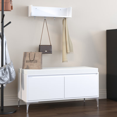 Tablette de rangement murale avec crochets et banc, armoire à chaussures blanche moderne. Aide à organiser les articles du vestibule. Spacieux et fermé pour ranger les sacs et les chaussures. Fixation sécurisée des trous d'ancrage