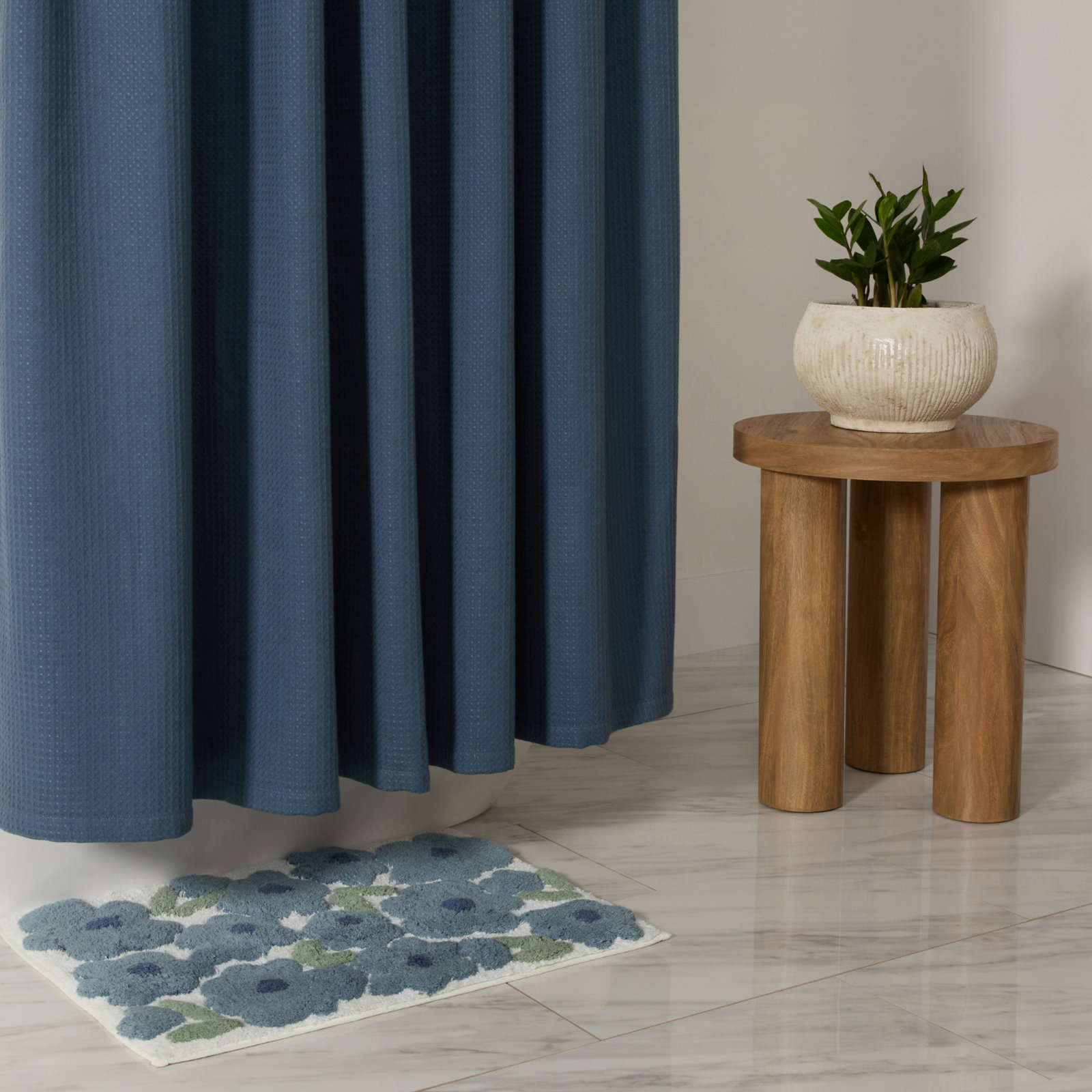Waffle Textured Cotton Blend Shower Curtain, Navy