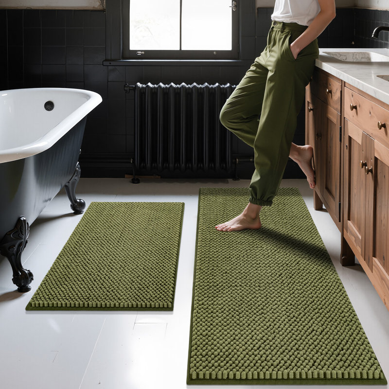 Thick Soft Absorbent Non Slip Boho Bath Mats, Olive, 20*47+20*32