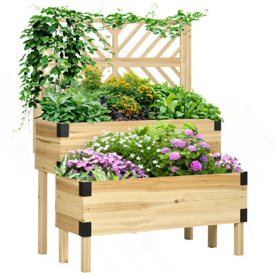 Lit de jardin surélevé avec treillis Outsunny, boîte à fleurs surélevée en bois à 2 niveaux avec pieds et coins en métal pour légumes, fleurs, herbes, naturel