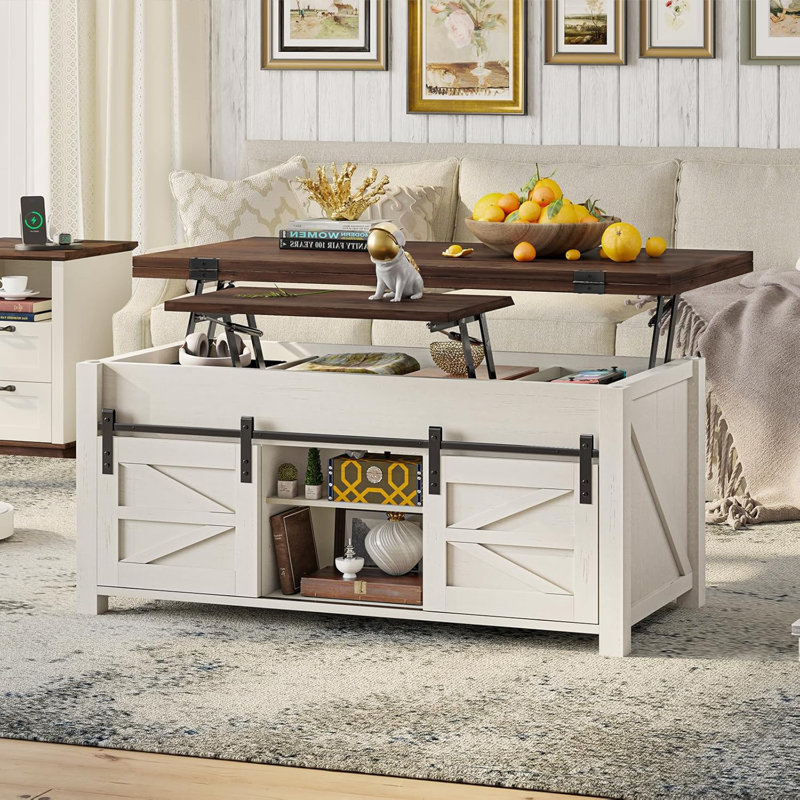 Table de ferme avec tablettes réglables et rangement dissimulé, convertible en table de salle à manger - brun et blanc