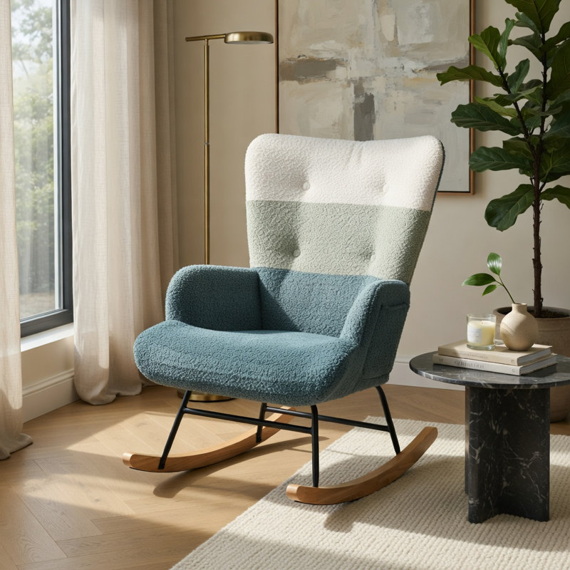  Chaise berçante ergonomique avec dossier haut, siège en tissu Boucle, base en bois d'hévéa et pochette de rangement latérale, parfaite pour la chambre de bébé, le salon ou le bureau personnel, blanc et bleu