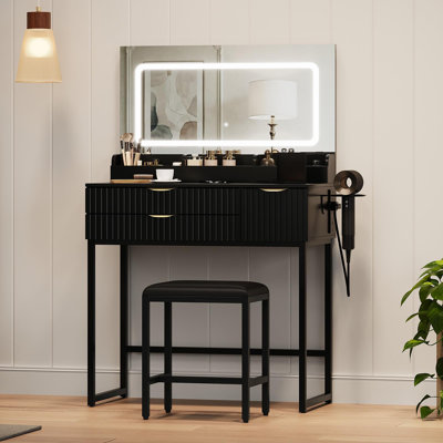 Meuble-lavabo à miroir avec miroir, lumières tactiles ajustables et tabouret, petite coiffeuse avec prise de courant, 3 tiroirs et 4 tablettes de rangement, ensemble de coiffeuse moderne pour la chambre à coucher