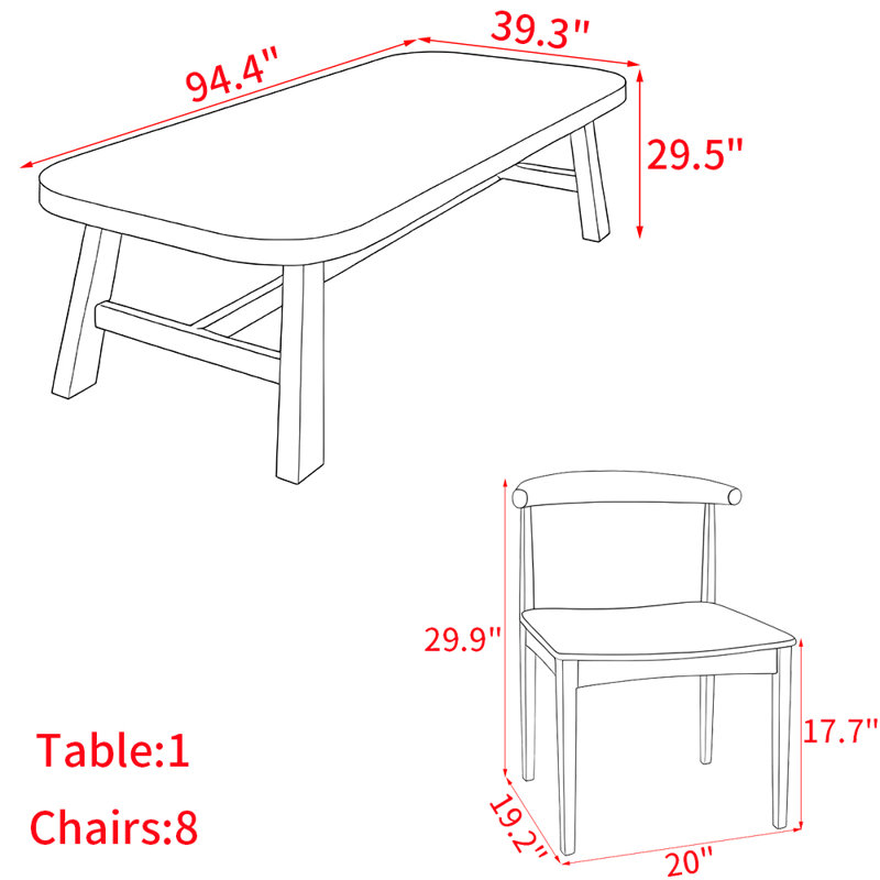 American style retro solid wood dining table set., 29.5"H x 94.4"L x 39.3"W