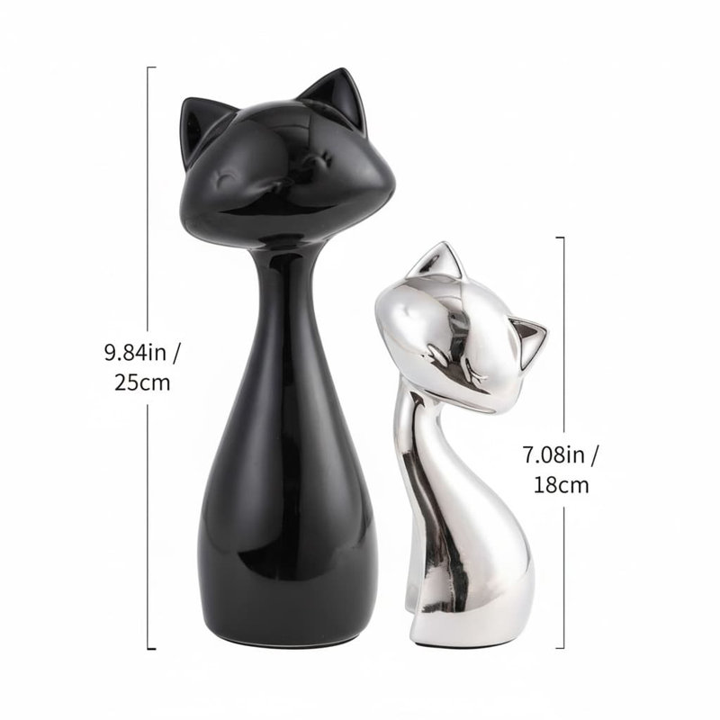 9.84" Ceramic Lucky Cat Statue Set - Black & Silver Home Decor for Cat Lovers