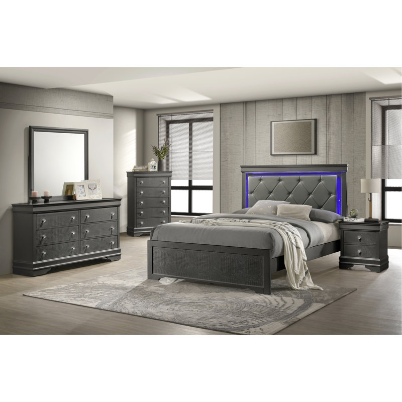 Lit rembourré de style moderne avec tête de lit à DEL et bois, Gris métallisé