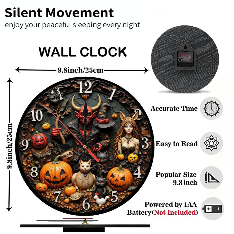 Halloween clock devil witch cats pumpkins