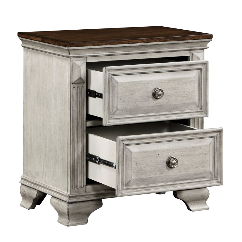 Élégante table de chevet bicolore grise et brune - 2 tiroirs, mobilier de chambre en bois