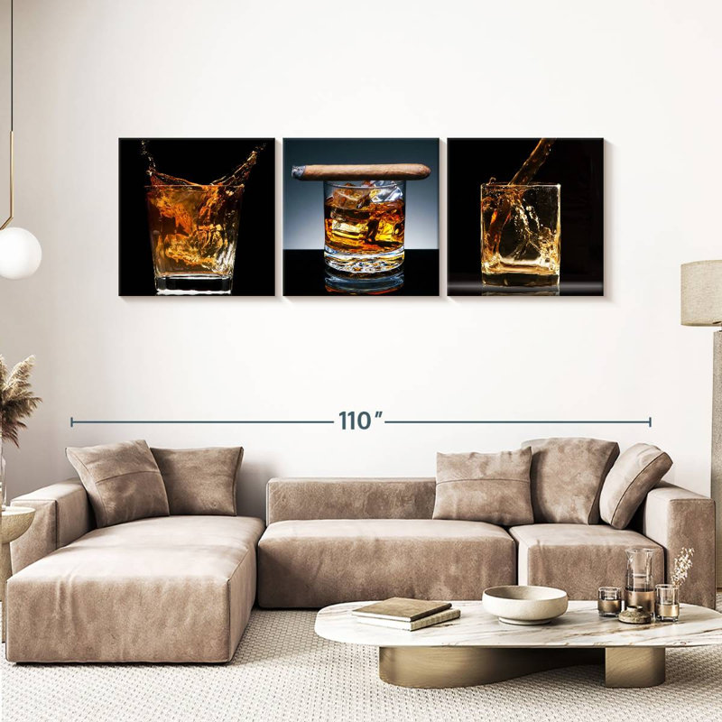 Bourbon whisky verre sur toile, ensemble de 3 pièces, H 30 po x l 92 po x P 1,25 po