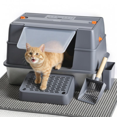 Stainless Steel Enclosed Cat Litter Box with Side Entry – XL, High-Sided, Removable Lid, Includes Scoop & Mat, Grey