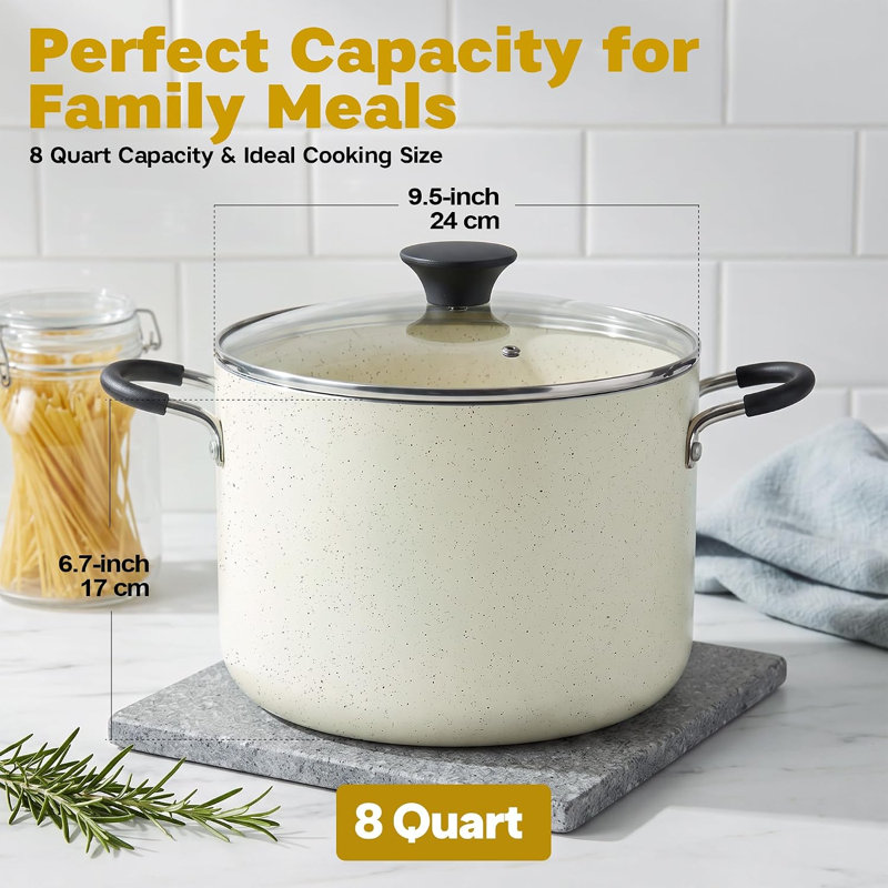 Cook N Home 8 Quart Non Stick Stock Pot with Lid, Large Pots for Cooking Nonstick Soup Pot, Stockpot Induction Cookware - Oven & Dishwasher Safe, Cream