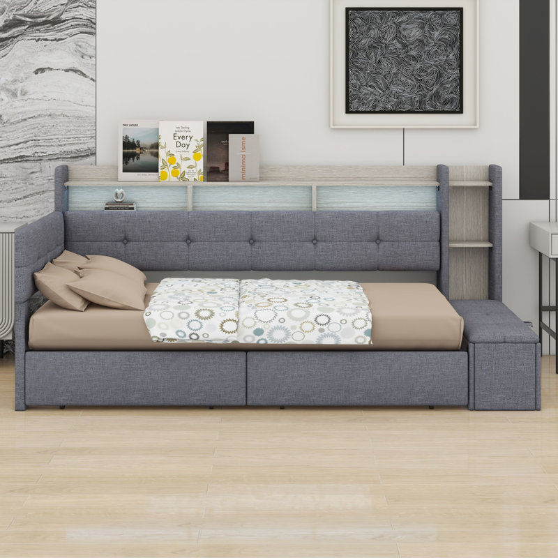 Lit de jour contemporain rembourré avec repose-pieds, tablettes, tiroirs, éclairage DEL et port USB, Grey