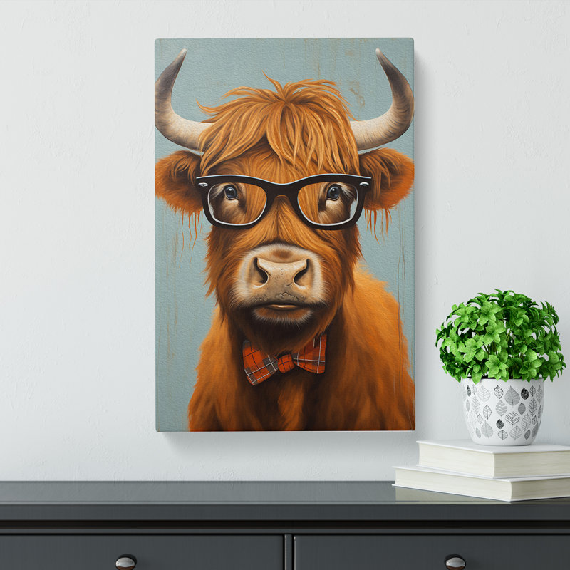 Highland Cow With Glasses Painting - Single Picture Frame Print, 76cm H x 50cm W x 3cm D