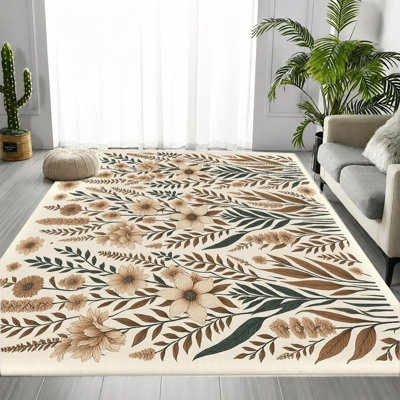 Tapis floral rétro crème, brun et vert, motif de fleurs fraîches mélangées, tapis antidérapant doux et durable lavable à la machine, décoration intérieure élégante pour le salon, la chambre à coucher, le vestibule, la porte d'entrée, la cuisine, le balcon et l'appartement