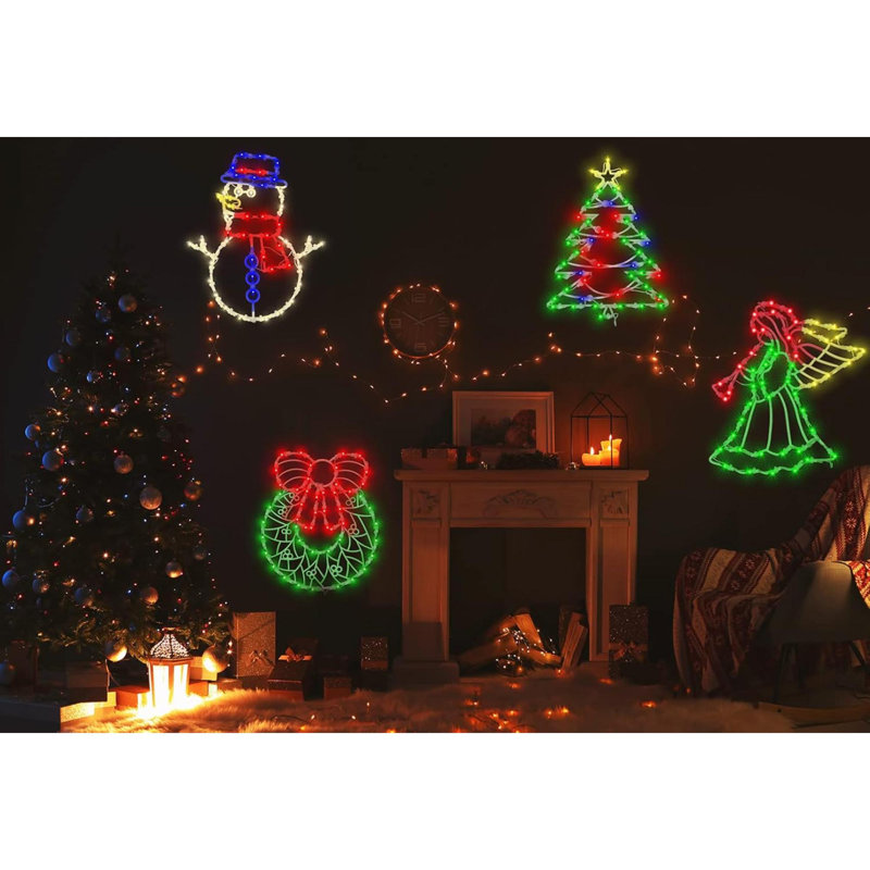 Christmas Window Silhouette Lights Decorations Pack Of 4 Lighted Snowman, Trumpeting Angel, Wreath, Christmas Tree Christmas Window Lights With 50 Bulbs For Holiday Indoor Wall Door Glass Decorations