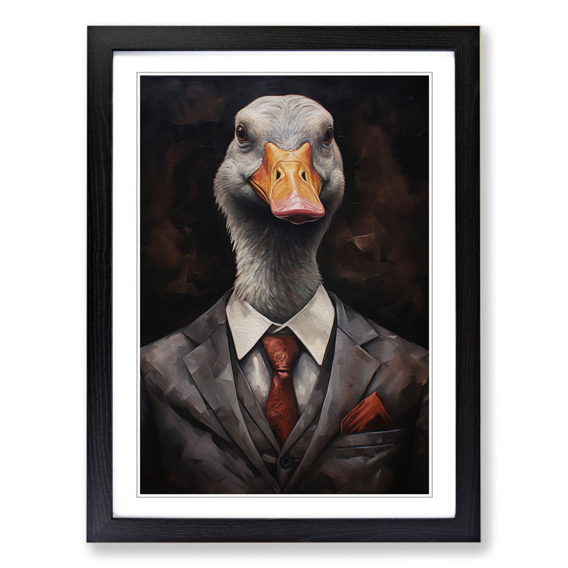 Goose In A Suit Painting - Single Picture Frame Print on Wood, Black Framed, 64cm H x 46cm W