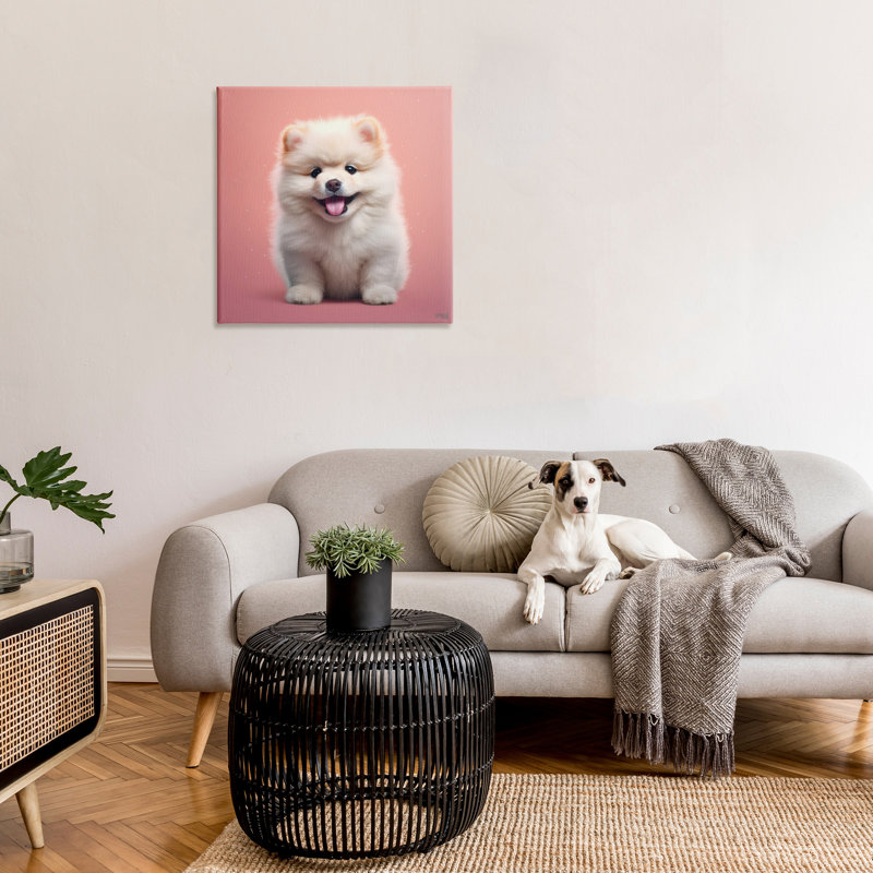 Chiot moelleux sur toile rose par RB, H 30 po x l 30 po
