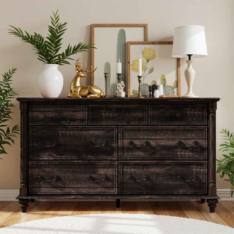 Farmhouse 7 - Drawer Dresser, Wood Rustic Dresser Chest Of Drawers With 2 Size Drawers For Bedroom, Living Room