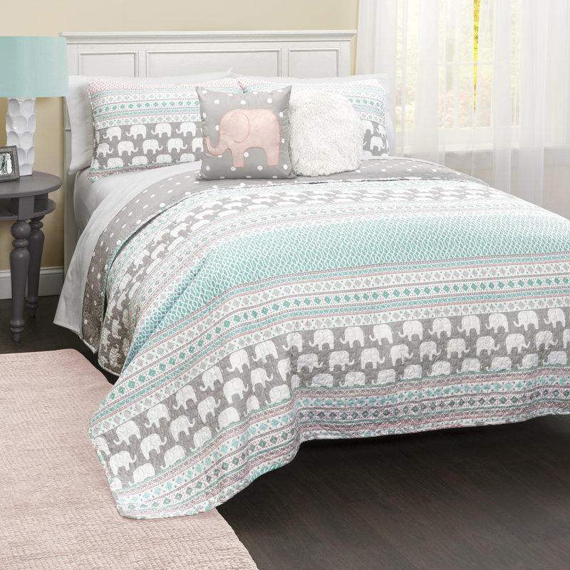 Uriel Navy Microfiber Reversible Quilt Set, Full/Queen Quilt + 2 Shams + 1 Throw Pillow