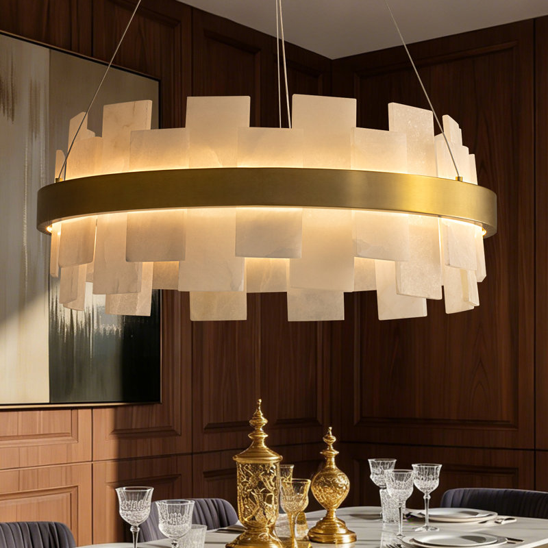 24 Inch Modern Alabaster Chandelier Led Dimmable Marble Round Chandeliers