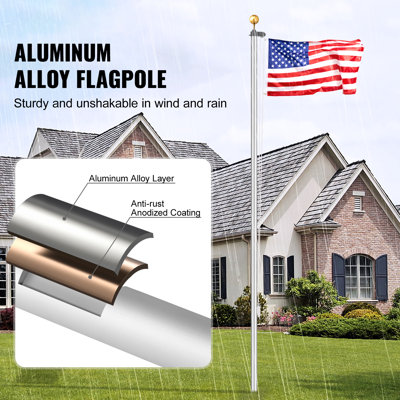 Ensemble de mât de drapeau sectionnel de 6 m (20 pi), mâts robustes en alliage d'aluminium à planter dans le sol pour l'extérieur, 3 modes d'affichage, drapeau américain 90 x 150 cm (3 x 5 pi), accessoires professionnels, argent