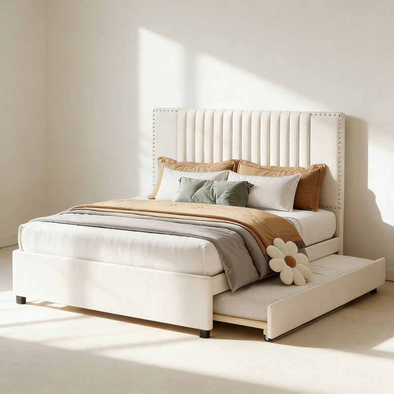 Grand lit plateforme tapissier avec 2 tiroirs et 1 lit gigogne simple TG, tête de lit classique, beige, Grand lit, Beige