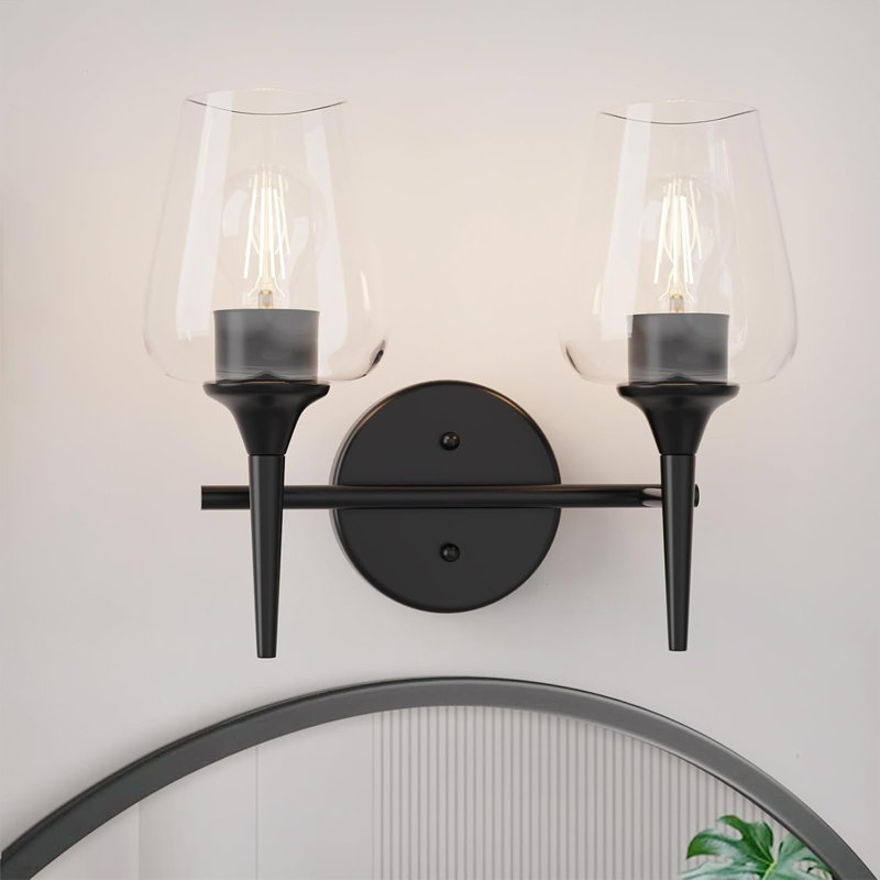 Luminaire de meuble-lavabo moderne avec abat-jour en verre transparent, éclairage de salle de bain mural avec douille E26, finition noire mate durable pour le couloir et la chambre à coucher