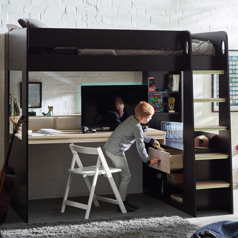 Sistine Rose Single (3') High Sleepers with Storage Included with Desk Included, Black/Pale Wood