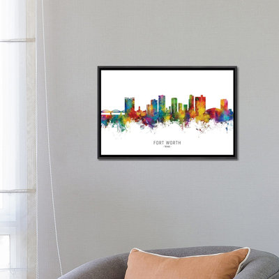 «Rainbow Splash Fort Worth Texas Skyline», reproduction d'art murale encadrée