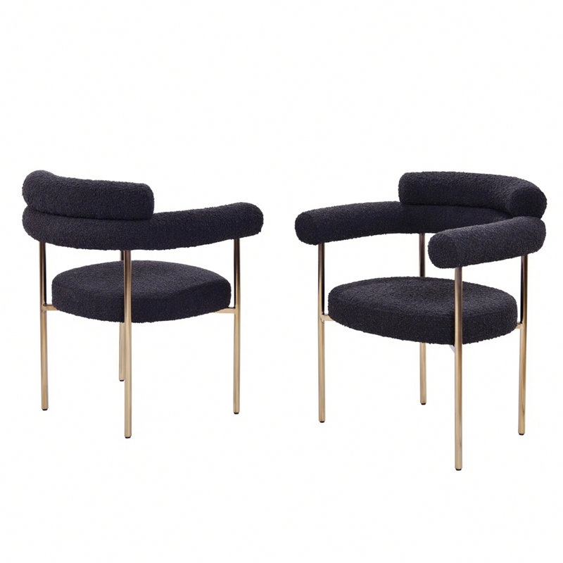 Ensemble de 2 chaises d'appoint, chaise de salle à manger avec accoudoirs, fauteuil rembourré avec pieds en métal, Noir, Doré