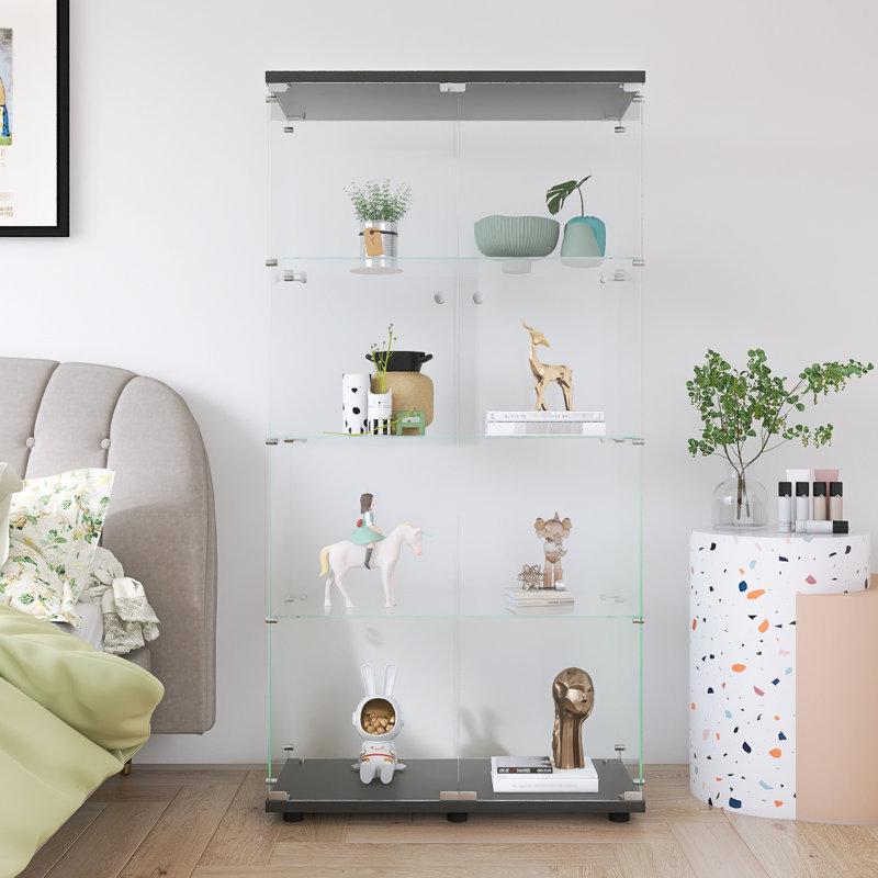 Vitrine en verre avec 4 tablettes et 2 portes, noire, 64,7 po x 31,7 po x 14,3 po pour le bureau de la chambre à coucher - Solution de rangement pratique Installation facile
