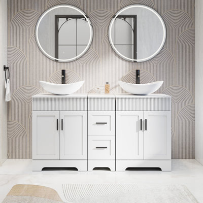 Ensemble de meuble-lavabo à double cuve 60 "avec plateau en bois manufacturé, lavabos, robinets et drains Akron