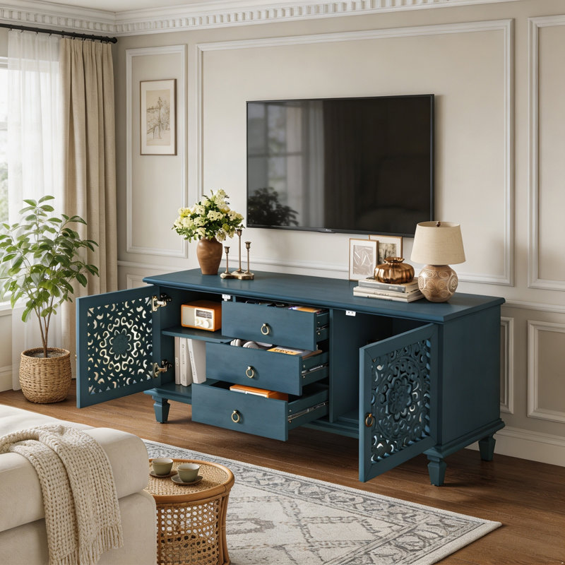 Vintage Sideboard Buffet Storage Cabinet with 3 Drawers & Adjustable Shelves, Antique Blue