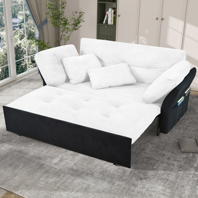 Convertible Pull Out Sofa Sleeper with  Side Storage, White Chenille