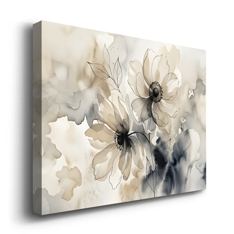 Tableau abstrait floral moderne Zen Ink Blossom sur toile, 61 x 91 cm, impression sur châssis, gris encre et rose, décoration murale zen pour salon, bureau et entrée