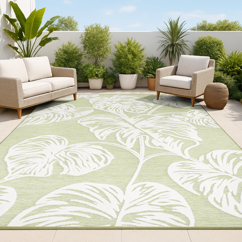 Craigwood High-Low Two-Tone Monstera Leaf Light Green/Ivory Indoor/Outdoor Rug, Rectangle 3'1" x 5'