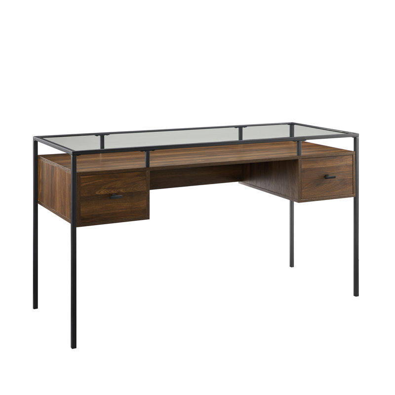 Glass Top Writing Desk, Dark Walnut