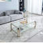 Table basse rectangulaire moderne en acier inoxydable de 50 po de largeur, table basse en verre trempé transparent à deux couches, table centrale avec rangement, pour le bureau à domicile, assemblage facile, argent
