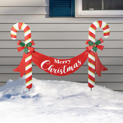 36"L Christmas Metal "Merry Christmas" Candy Cane Yard Stake Or Wall Decor(KD, Two Function)