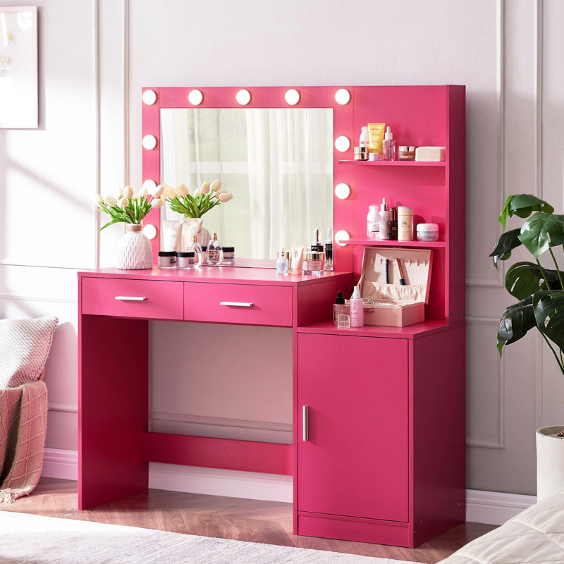 46.4In Vanity Desk With Mirror And Lights, Rose Pink Dressing Table 2 Large Drawers & Magnificent Vertical Organizer, 3 Level Dresser, Lighting Modes Adjustable Brightness For Bedroom Captivating