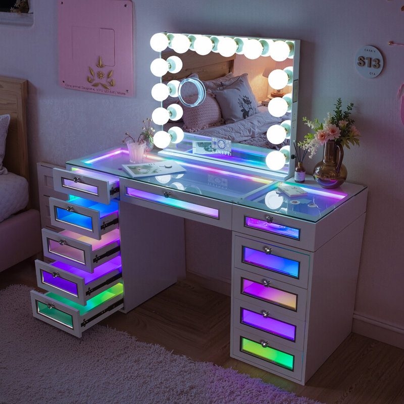 Meuble-lavabo avec lumières 11 tiroirs carrés en verre avec poignées en cristal Type C et chargeur USB pour chambre à coucher