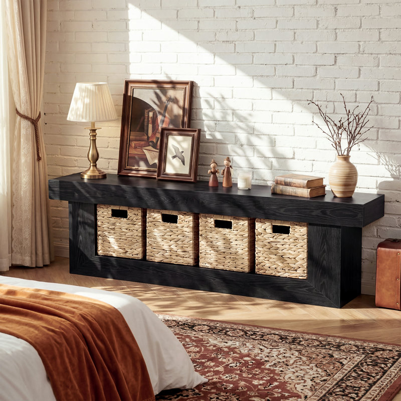 Meuble télé 63 po avec paniers de rangement, centre de divertissement en bois pour téléviseur 55/60/65 po, Black