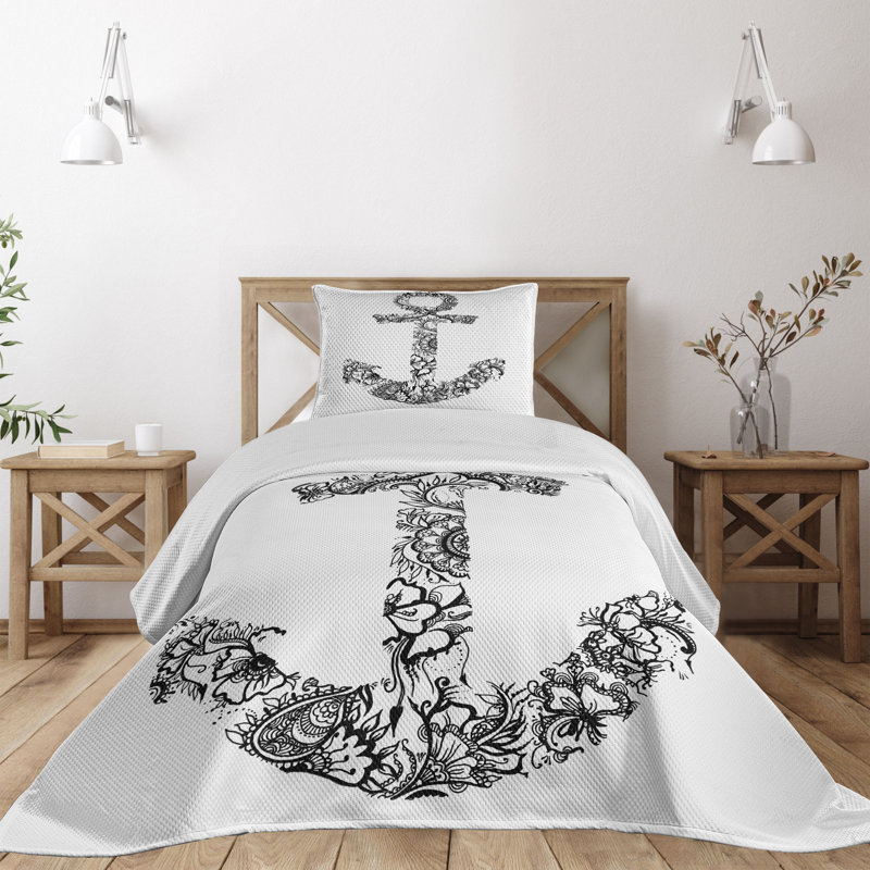 White Quilted Queen Bedspread Set with Anchor Design